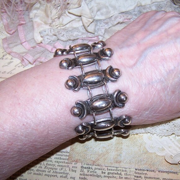 Made in Mexico Mexican Sterling Silver 1.5" Wide Link Bracelet - 7-3/4" Wearable - Picture 2 of 9